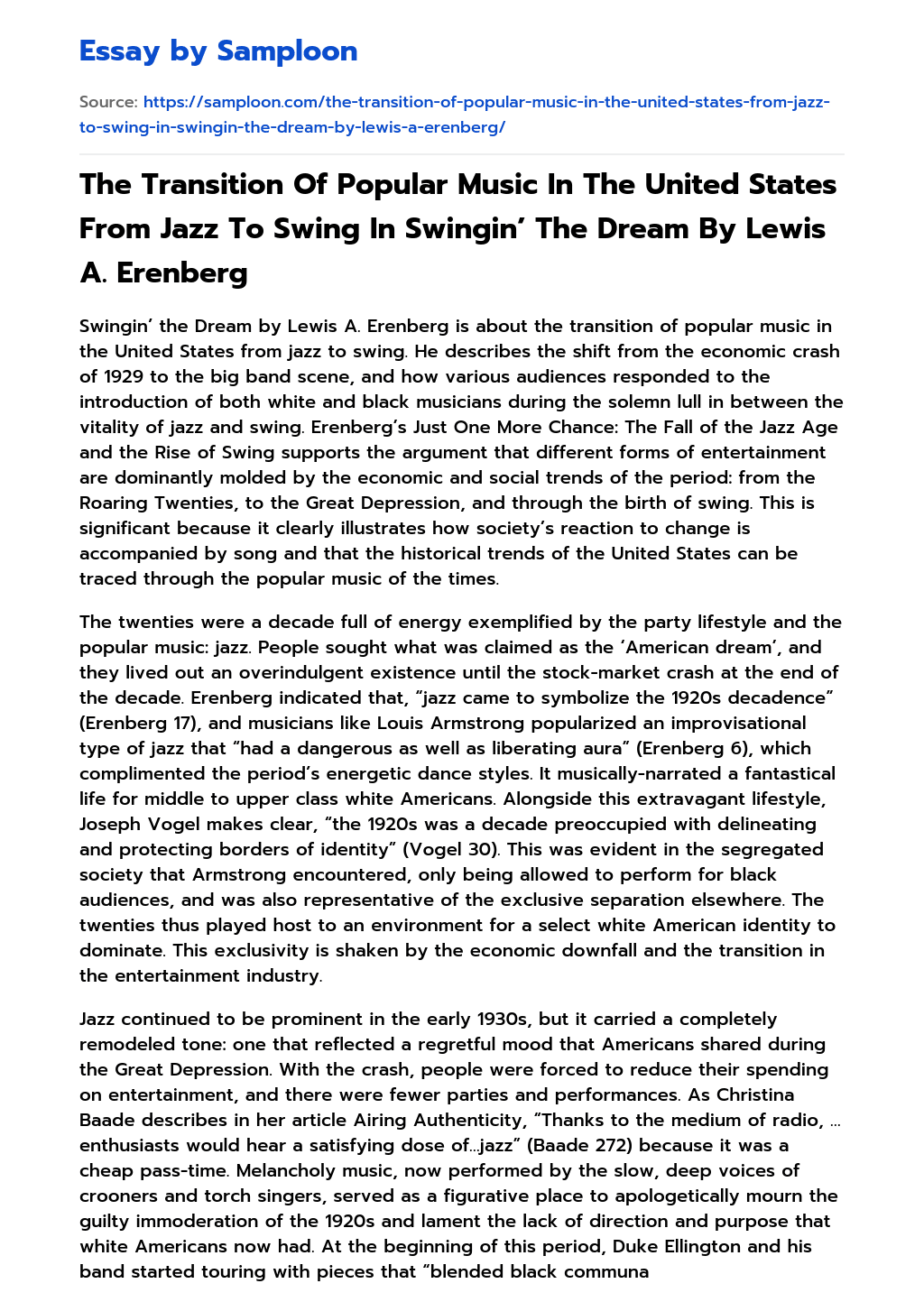 The Transition Of Popular Music In The United States From Jazz To Swing In Swingin’ The Dream By Lewis A. Erenberg essay