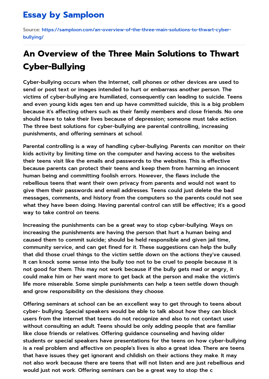 An Overview of the Three Main Solutions to Thwart Cyber-Bullying essay