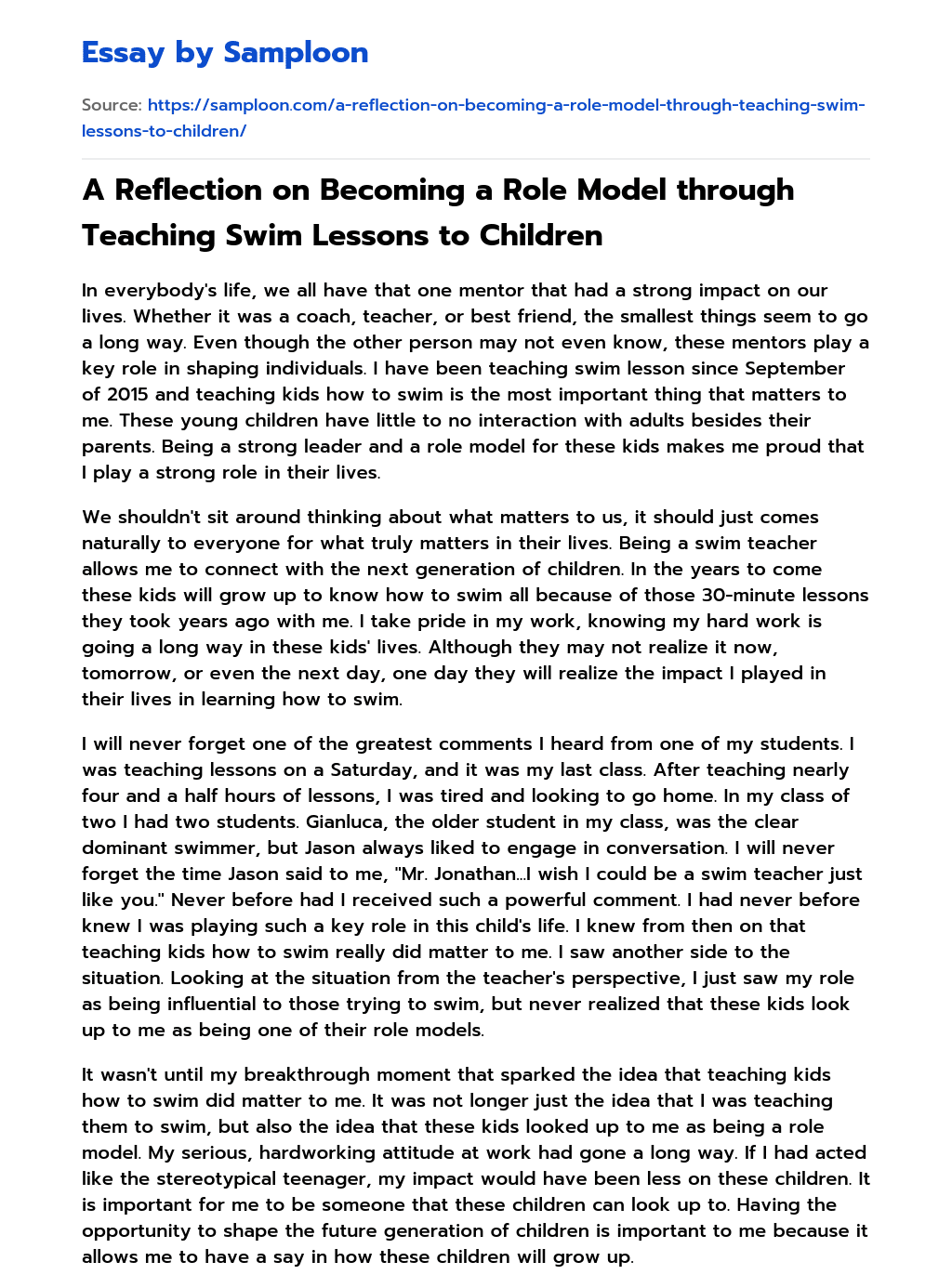 A Reflection on Becoming a Role Model through Teaching Swim Lessons to Children essay