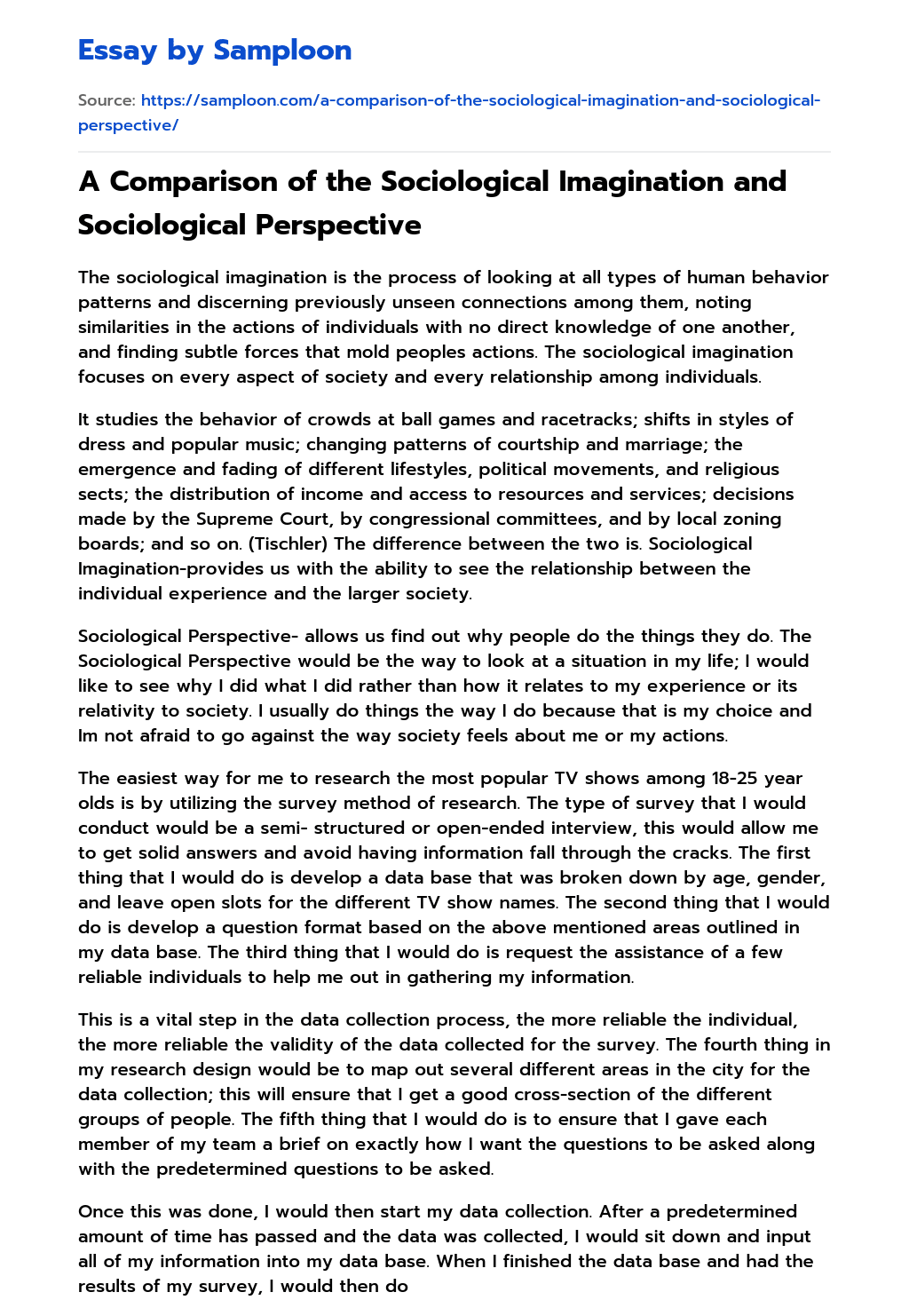 A Comparison of the Sociological Imagination and Sociological Perspective essay