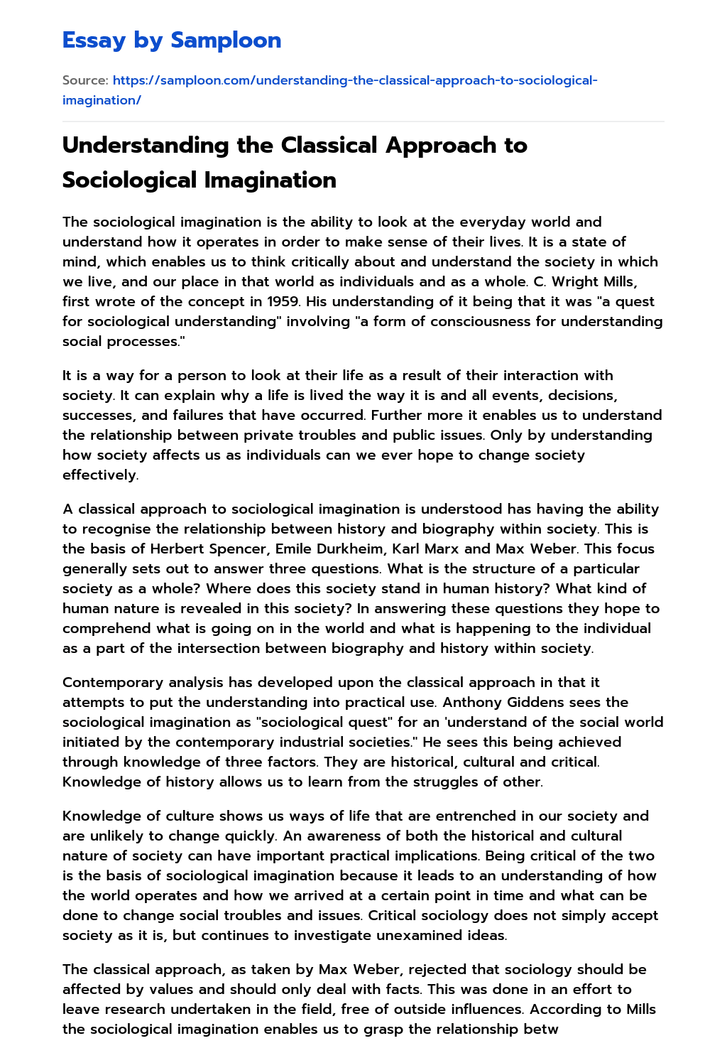 Understanding the Classical Approach to Sociological Imagination essay