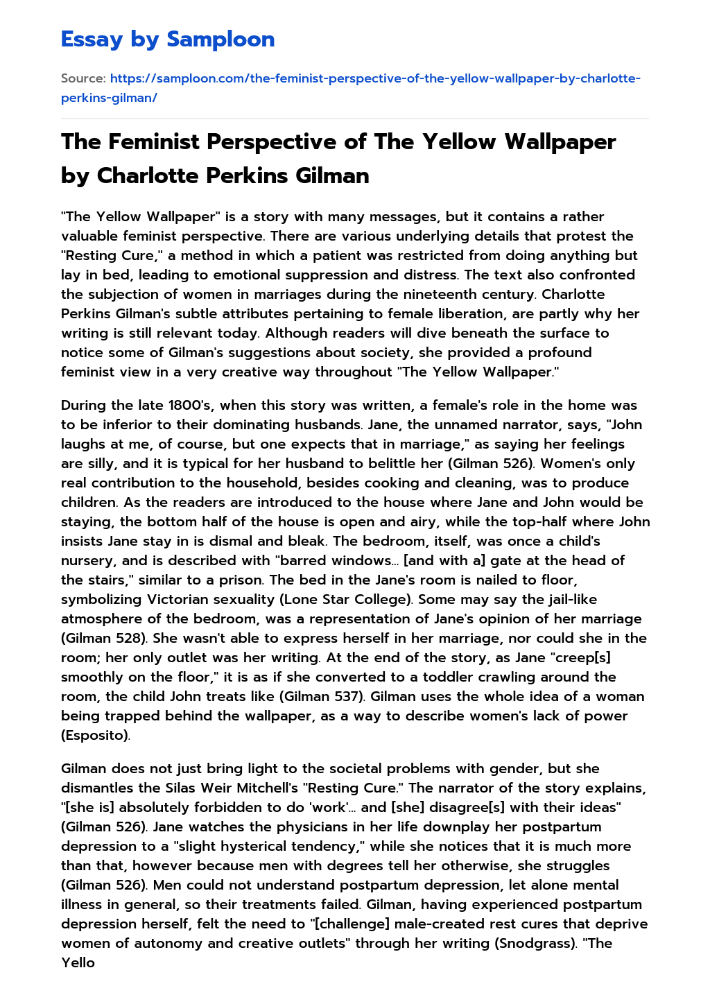 The Feminist Perspective of The Yellow Wallpaper by Charlotte Perkins Gilman essay