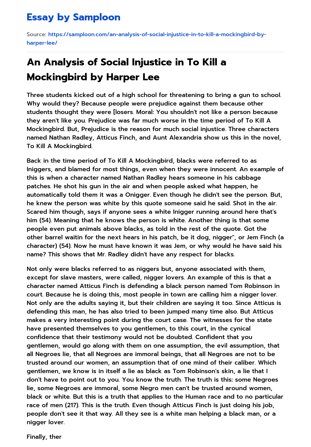 An Analysis of Social Injustice in To Kill a Mockingbird by Harper Lee essay