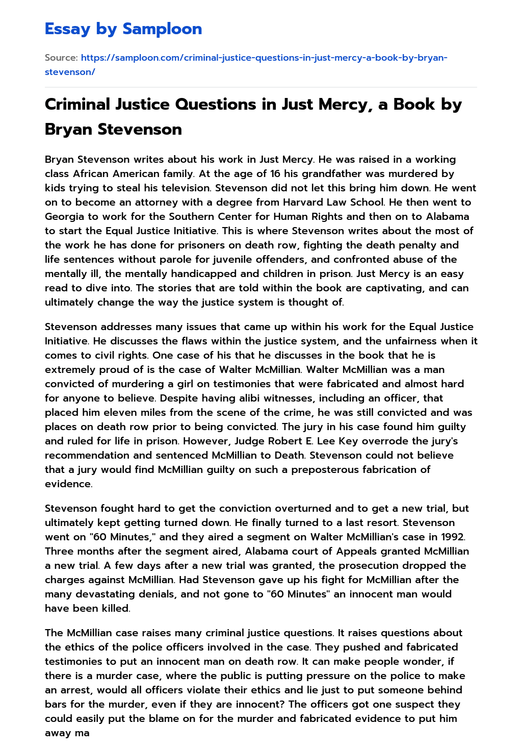 Criminal Justice Questions in Just Mercy, a Book by Bryan Stevenson essay