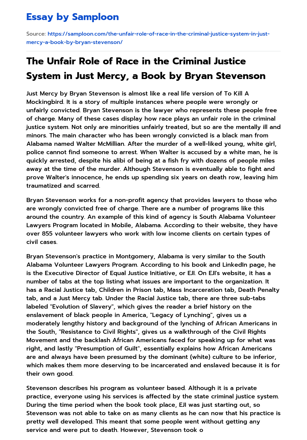 The Unfair Role of Race in the Criminal Justice System in Just Mercy, a Book by Bryan Stevenson essay