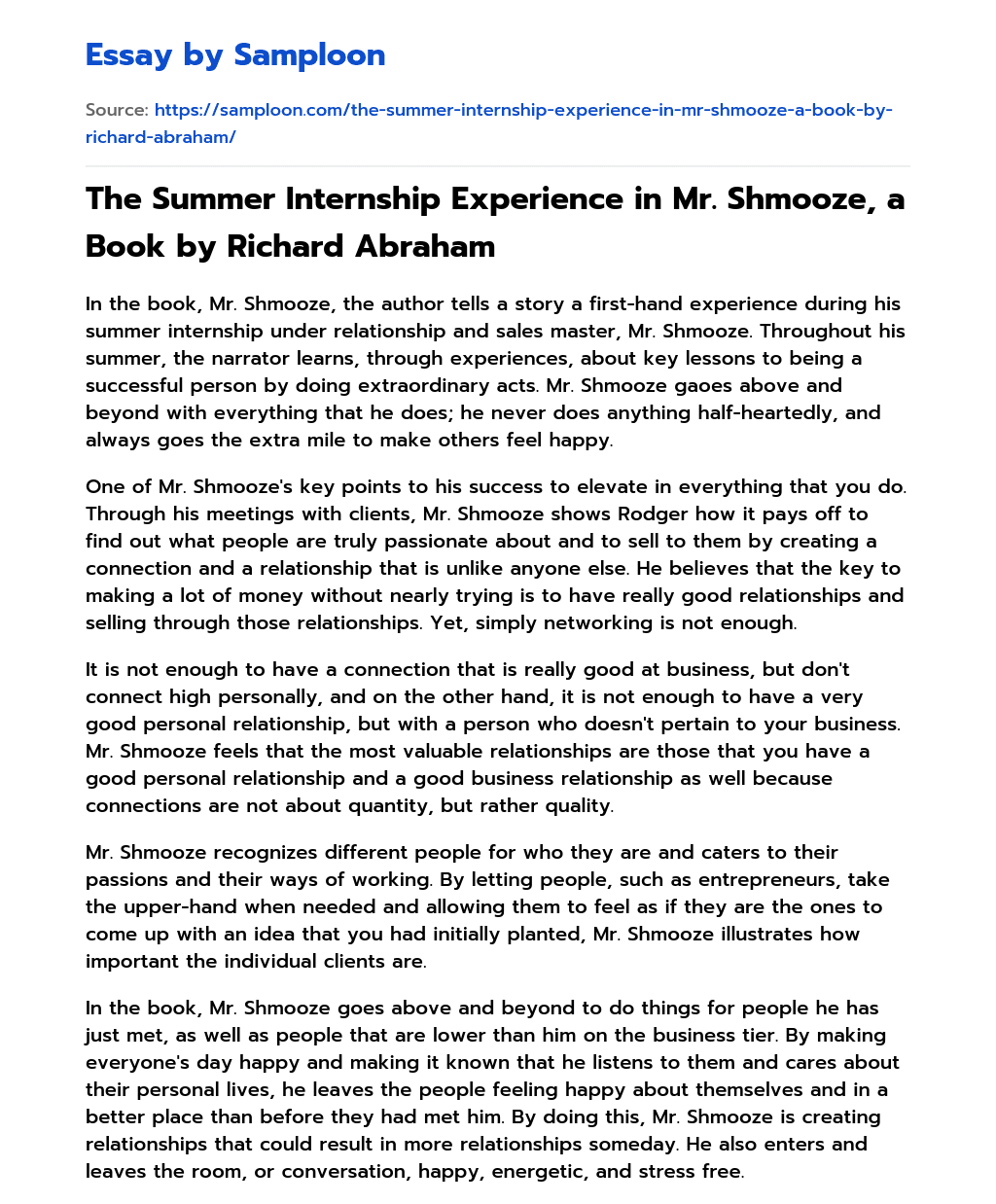 The Summer Internship Experience in Mr. Shmooze, a Book by Richard Abraham essay