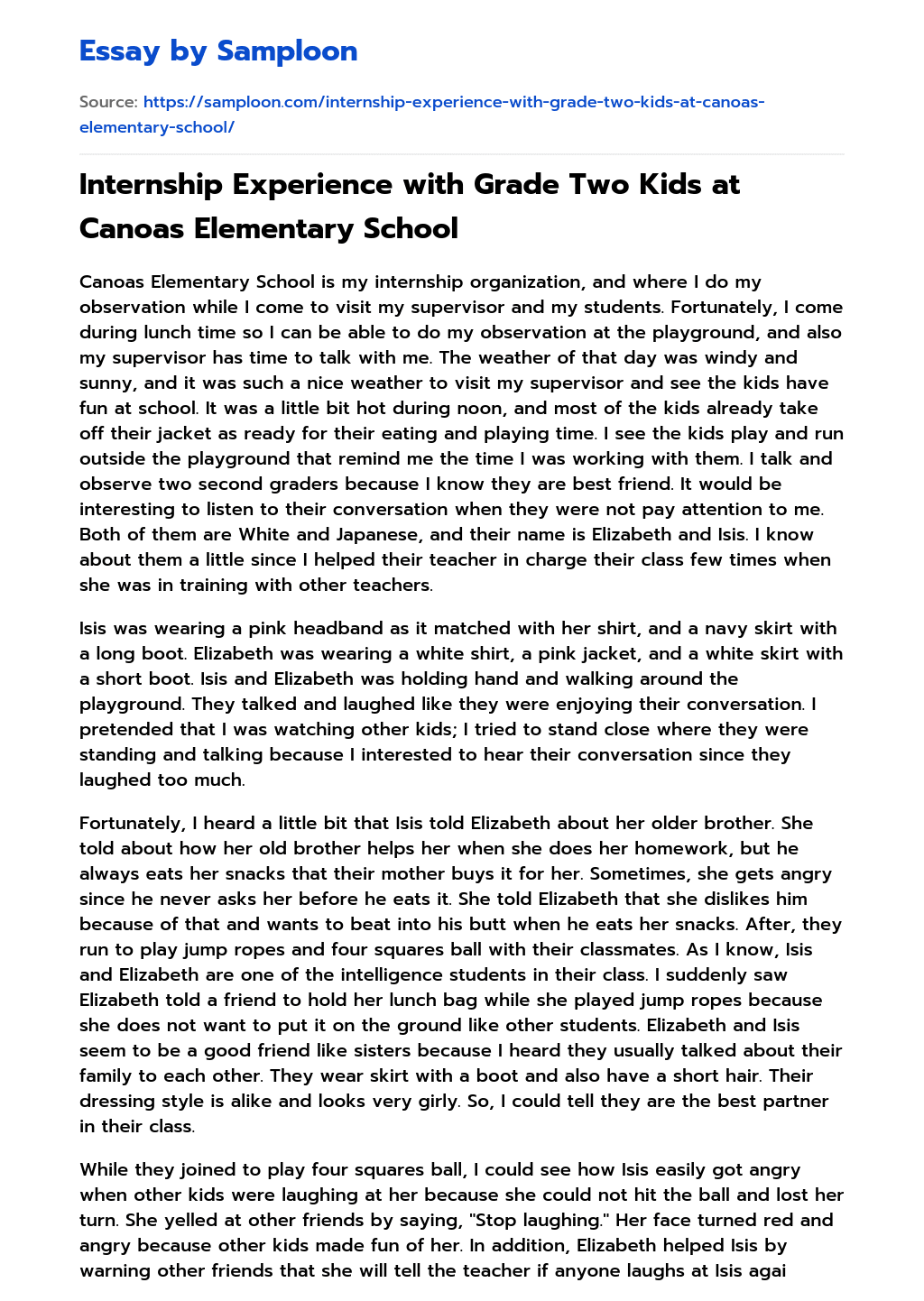 Internship Experience with Grade Two Kids at Canoas Elementary School essay