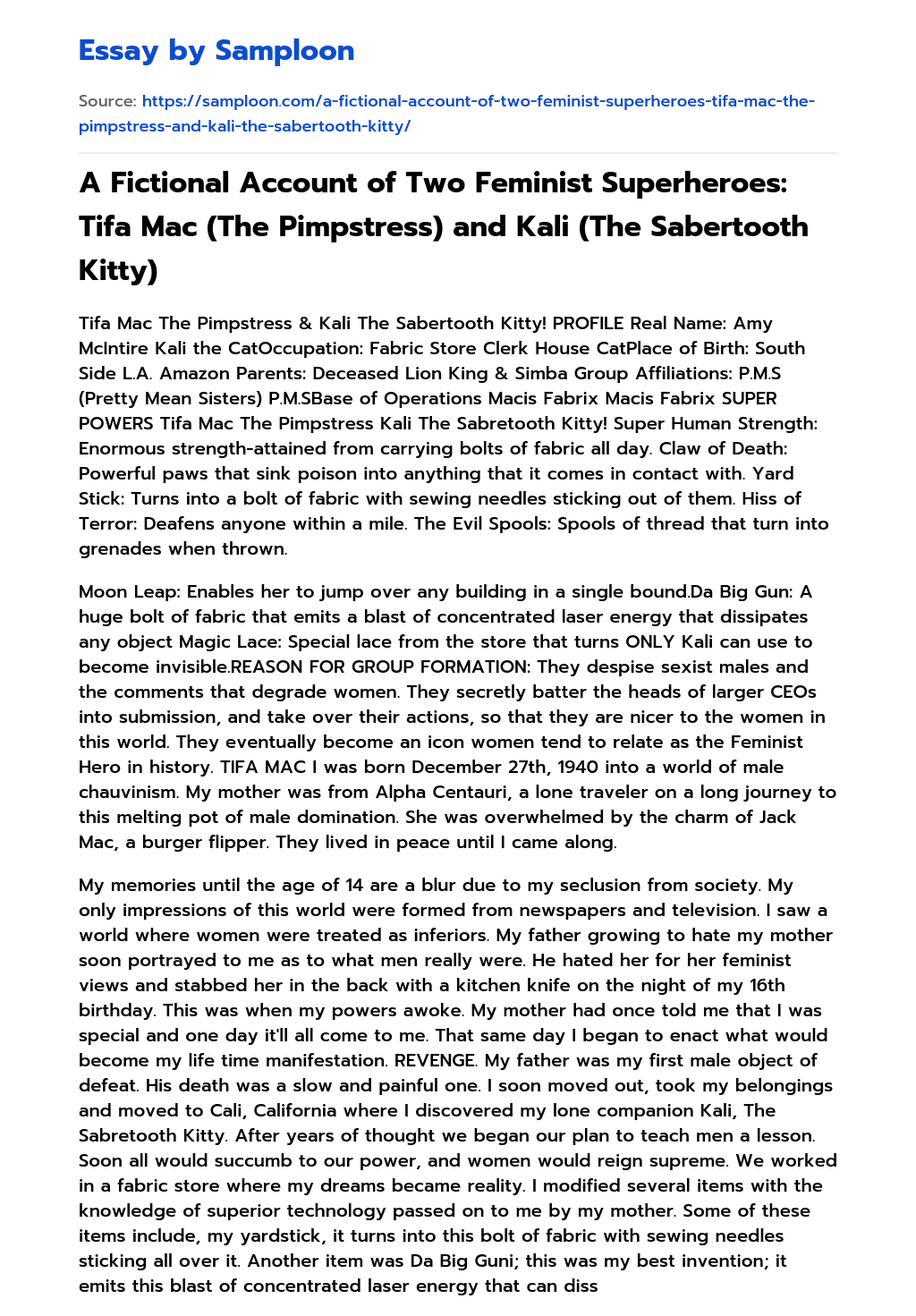 A Fictional Account of Two Feminist Superheroes: Tifa Mac (The Pimpstress) and Kali (The Sabertooth Kitty) essay