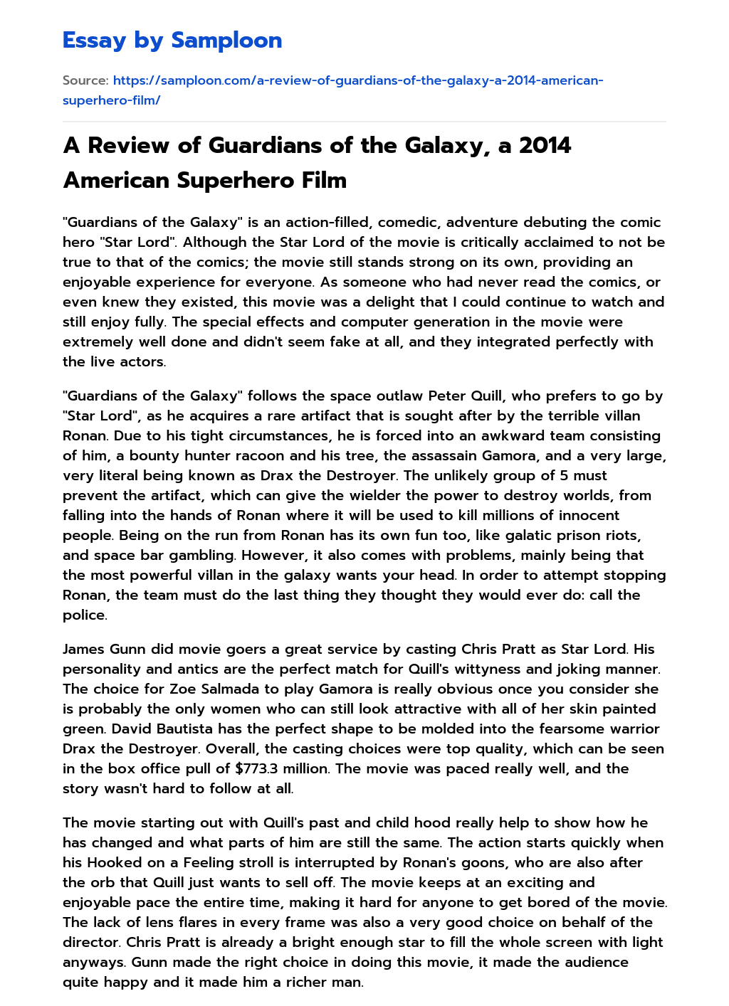 A Review of Guardians of the Galaxy, a 2014 American Superhero Film essay