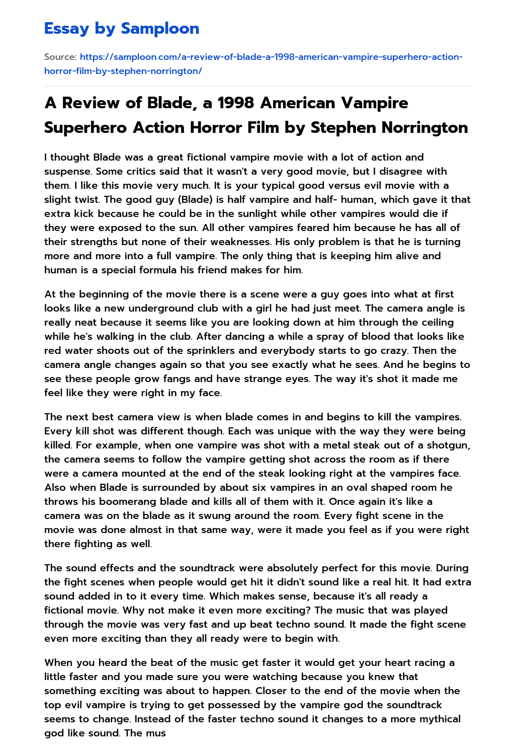 A Review of Blade, a 1998 American Vampire Superhero Action Horror Film by Stephen Norrington essay