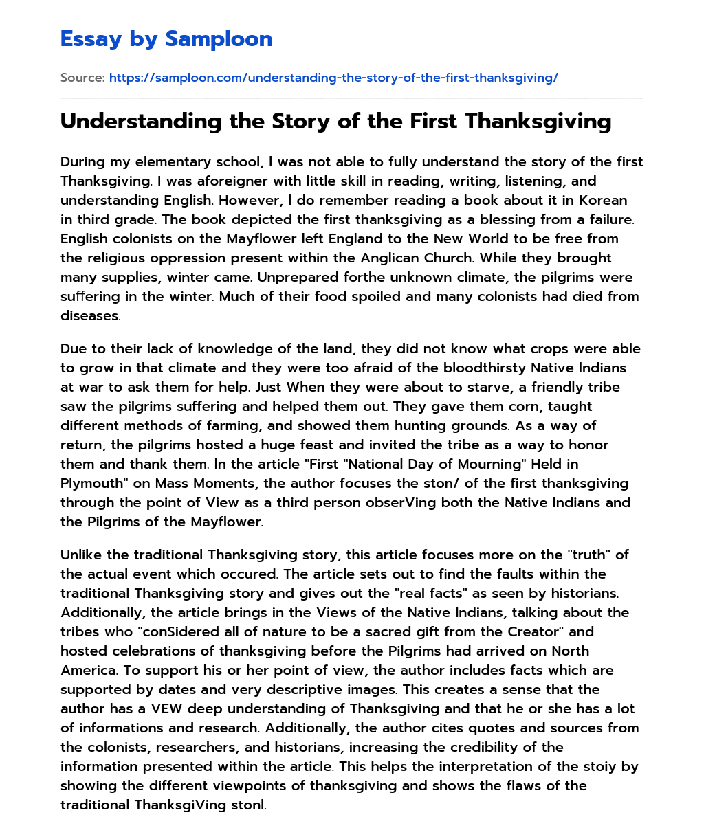Understanding the Story of the First Thanksgiving essay