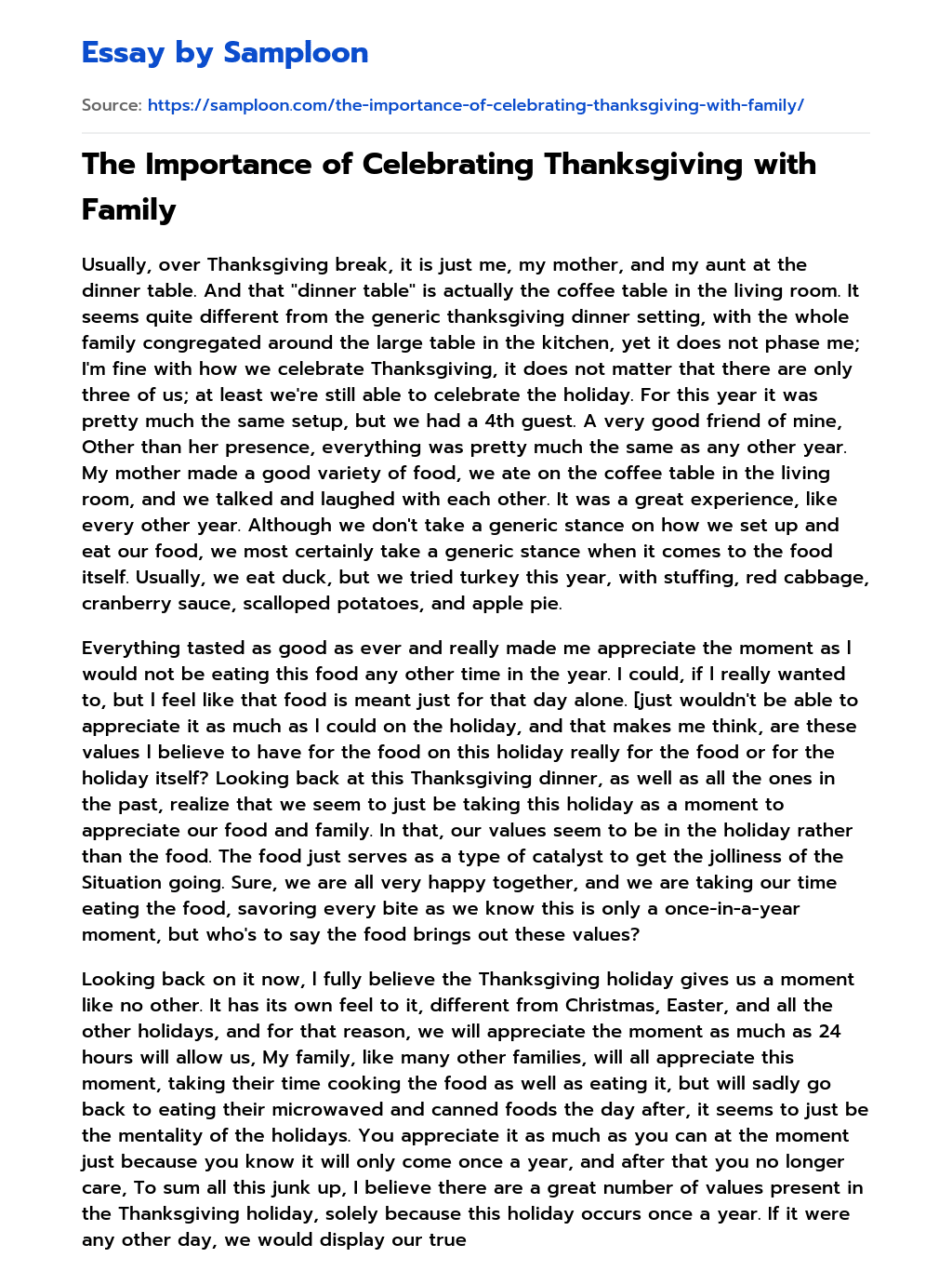 The Importance of Celebrating Thanksgiving with Family essay