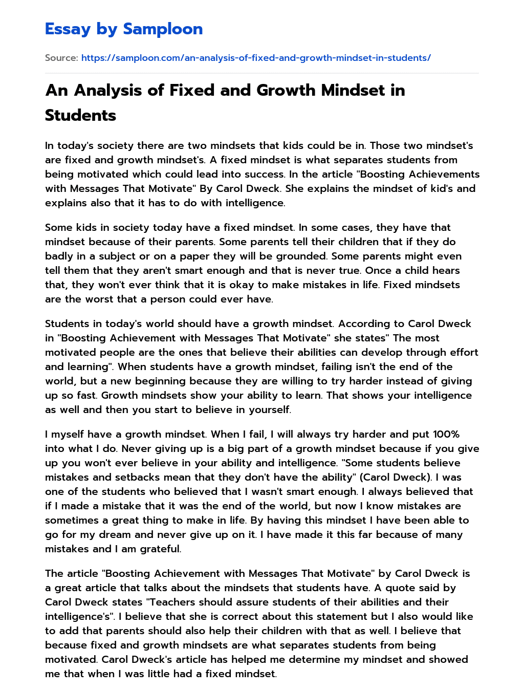 An Analysis of Fixed and Growth Mindset in Students essay