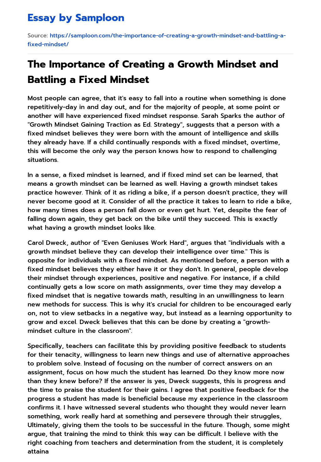 The Importance of Creating a Growth Mindset and Battling a Fixed Mindset essay