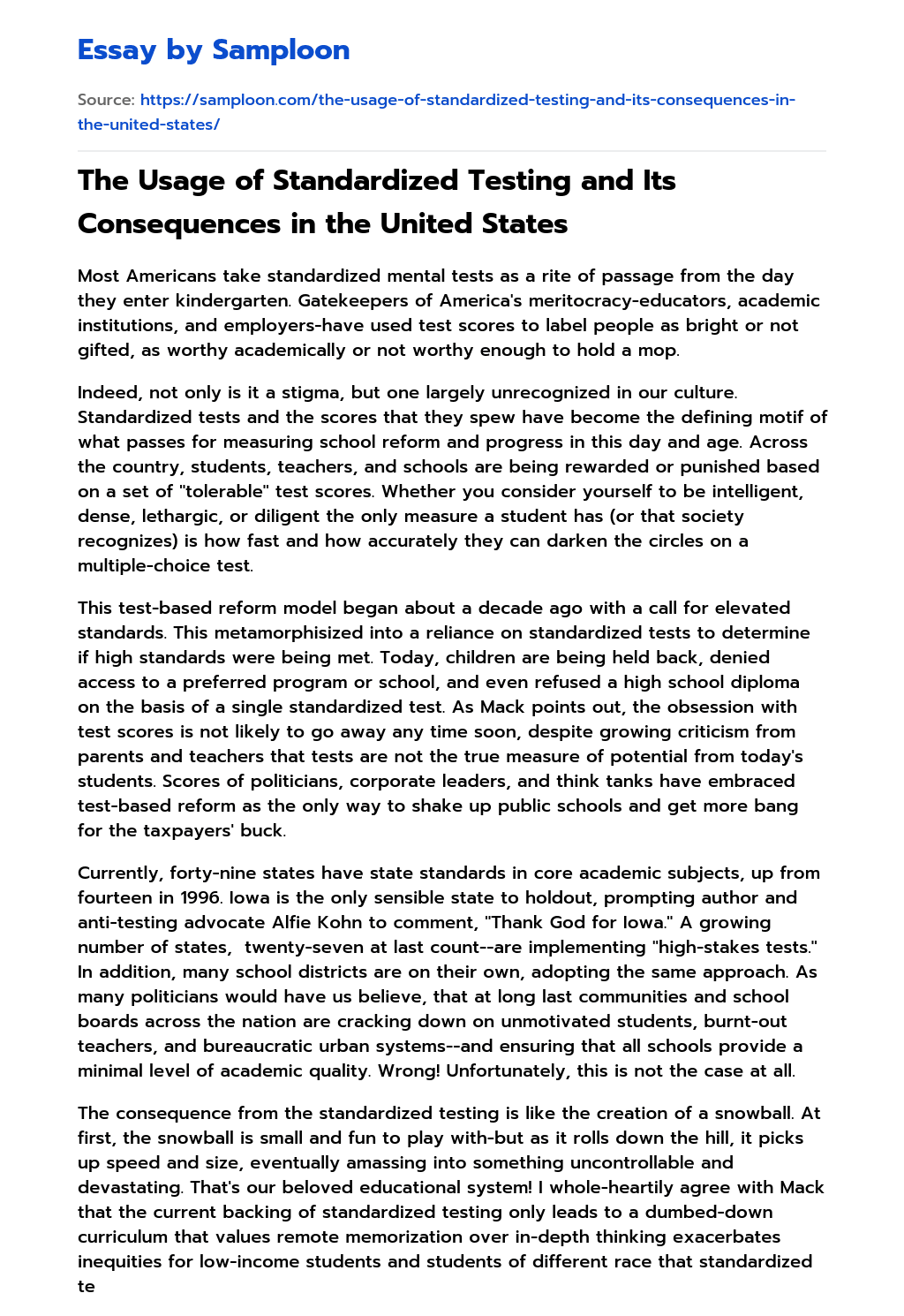 The Usage of Standardized Testing and Its Consequences in the United States essay