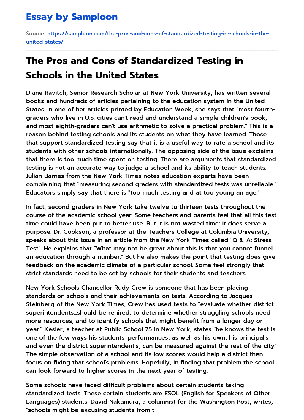 The Pros and Cons of Standardized Testing in Schools in the United States essay