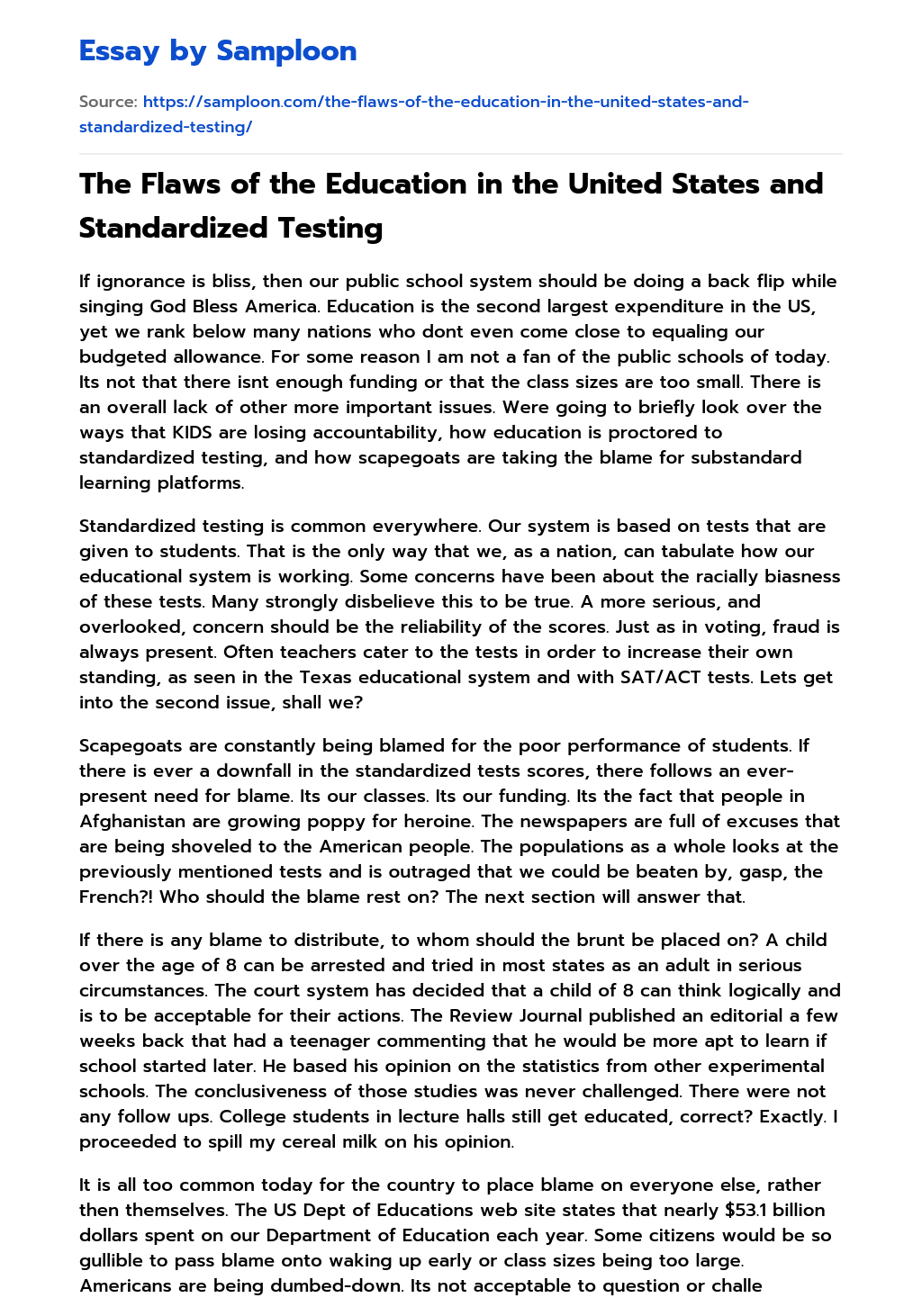The Flaws of the Education in the United States and Standardized Testing essay