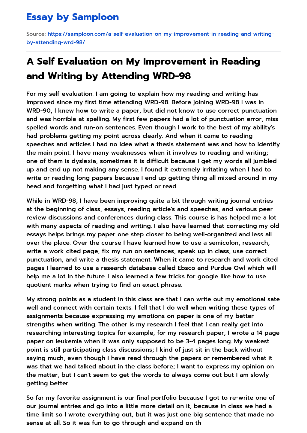 A Self Evaluation on My Improvement in Reading and Writing by Attending WRD-98 essay