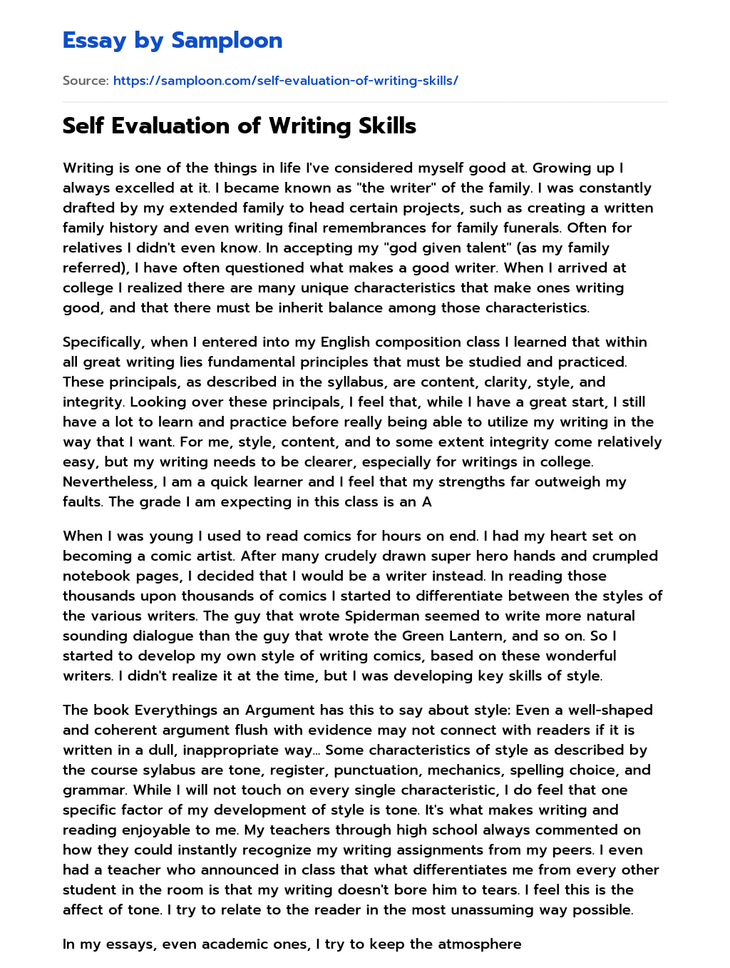 Self Evaluation of Writing Skills essay