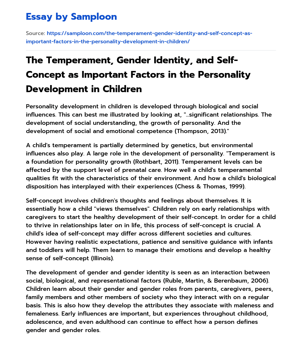 The Temperament, Gender Identity, and Self-Concept as Important Factors in the Personality Development in Children essay