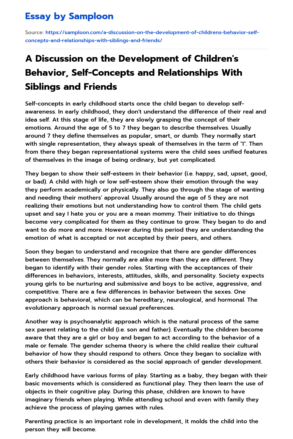 A Discussion on the Development of Children’s Behavior, Self-Concepts and Relationships With Siblings and Friends essay