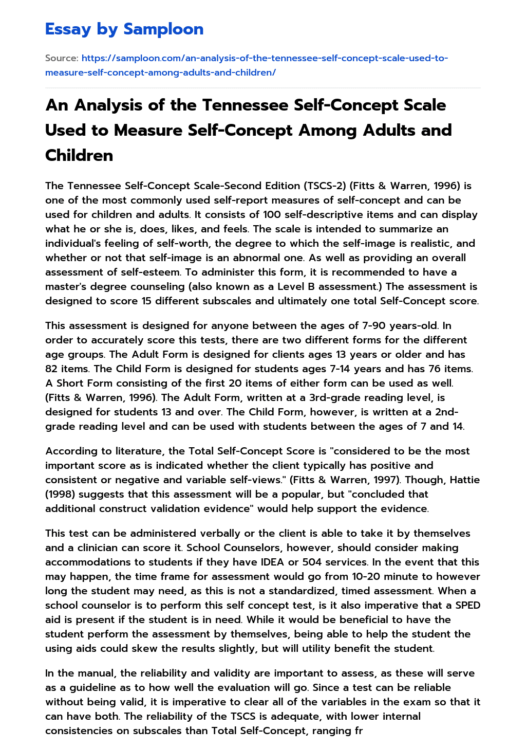 An Analysis of the Tennessee Self-Concept Scale Used to Measure Self-Concept Among Adults and Children essay
