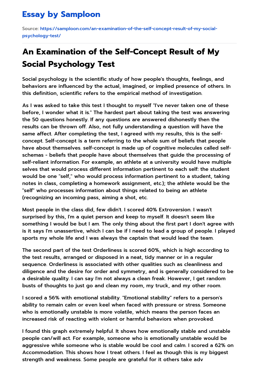An Examination of the Self-Concept Result of My Social Psychology Test essay