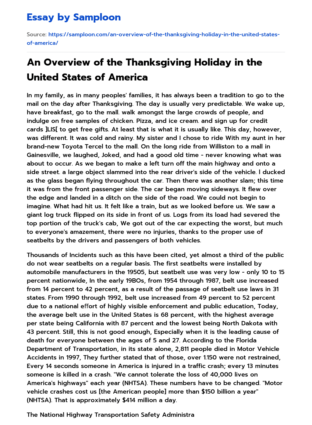 An Overview of the Thanksgiving Holiday in the United States of America essay