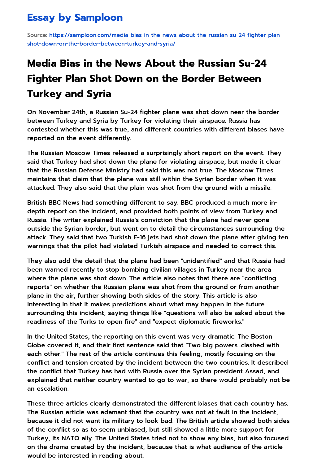 Media Bias in the News About the Russian Su-24 Fighter Plan Shot Down on the Border Between Turkey and Syria essay
