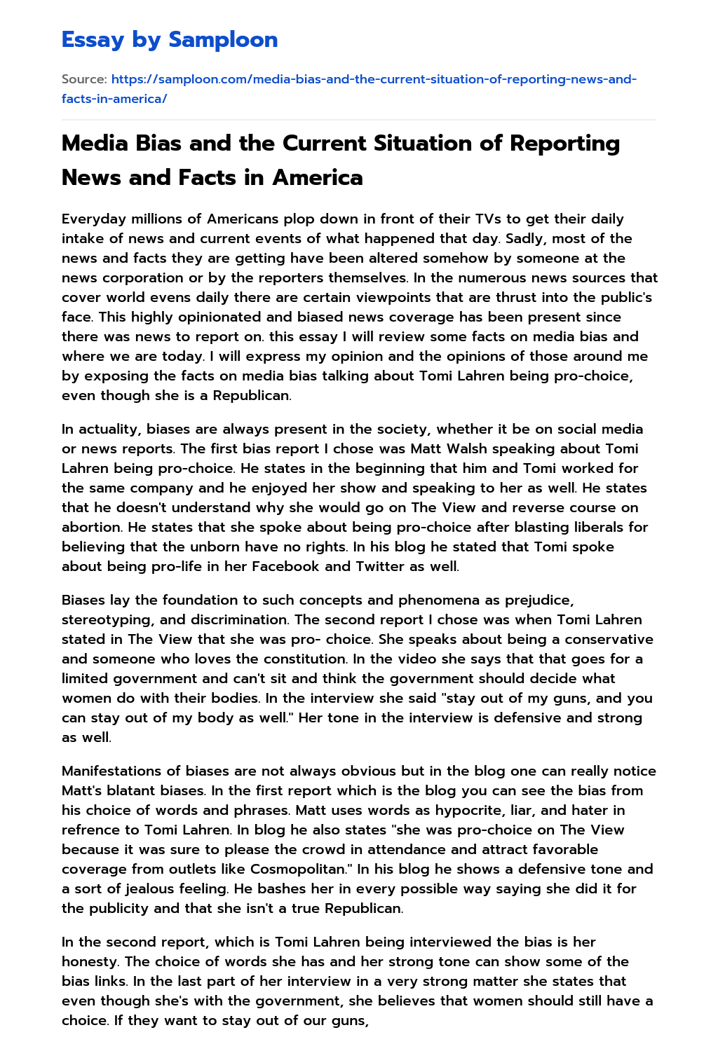 Media Bias and the Current Situation of Reporting News and Facts in America essay