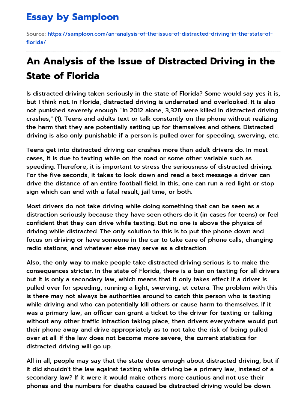 An Analysis of the Issue of Distracted Driving in the State of Florida essay