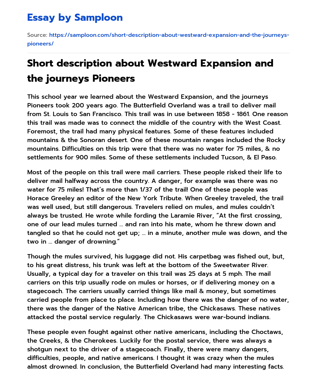 Short description about Westward Expansion and the journeys Pioneers essay