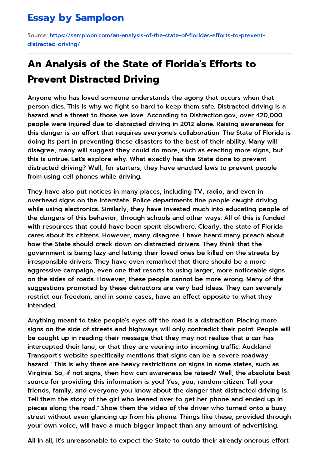 An Analysis of the State of Florida’s Efforts to Prevent Distracted Driving essay