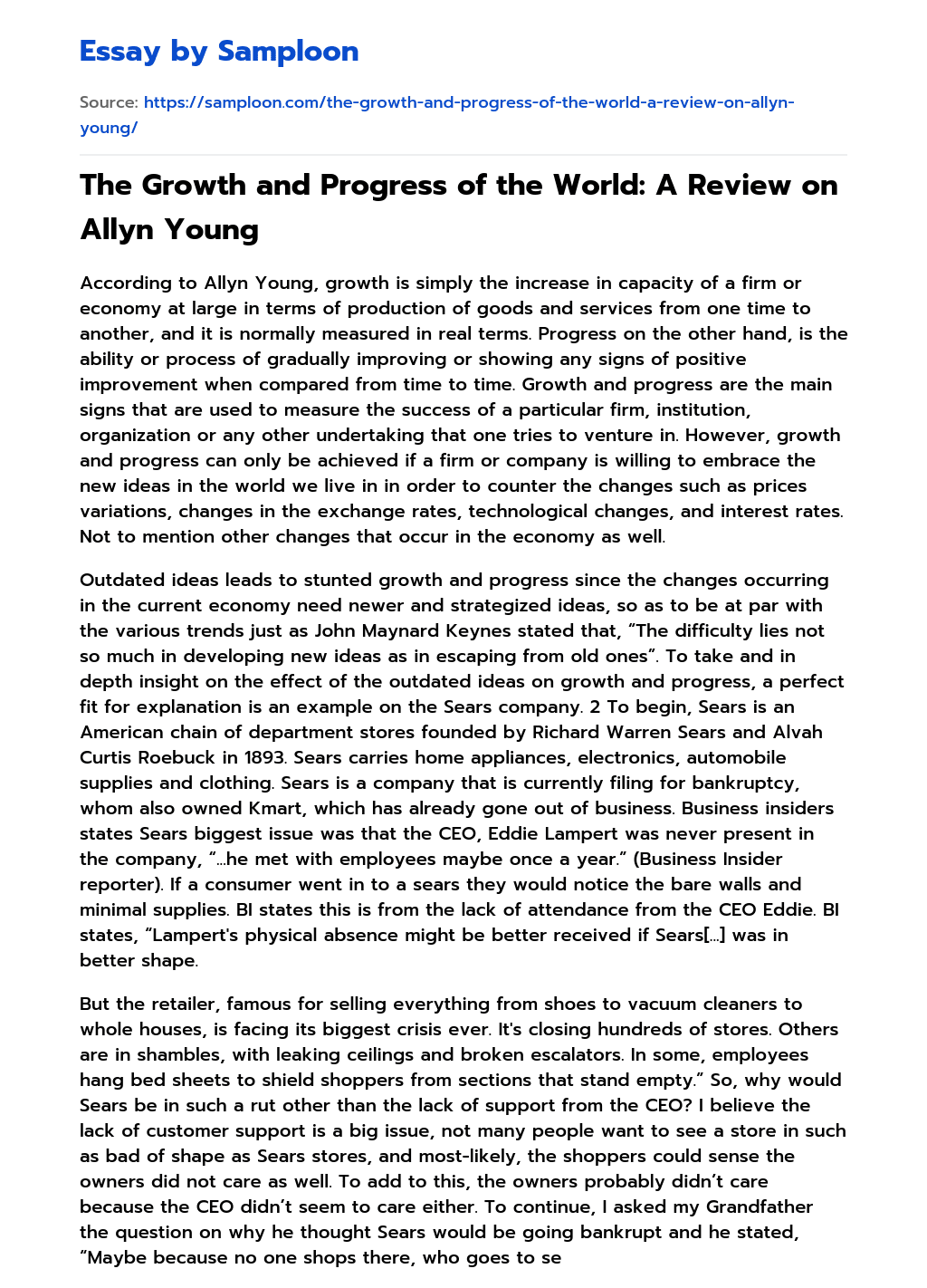 The Growth and Progress of the World: A Review on Allyn Young essay