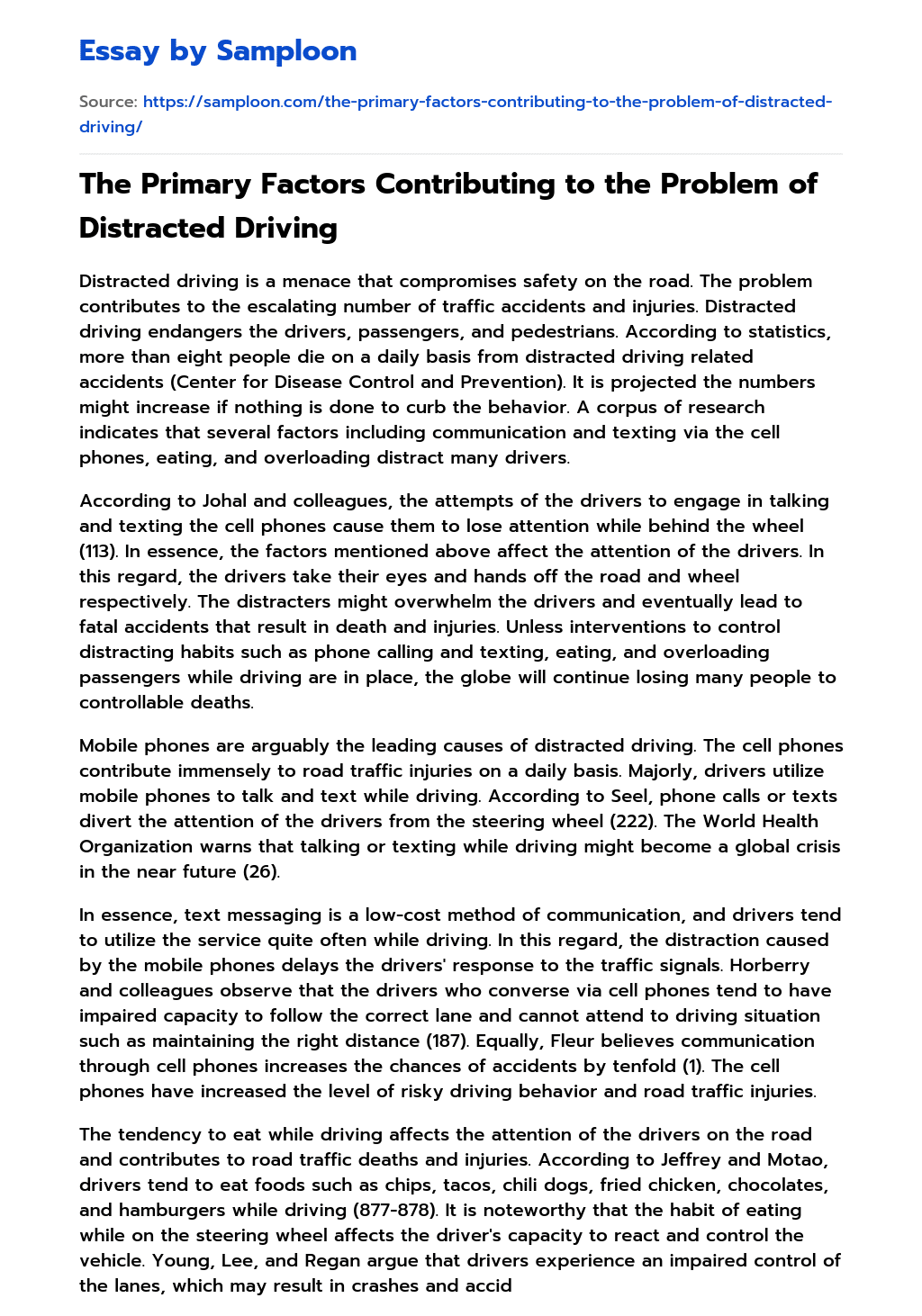 The Primary Factors Contributing to the Problem of Distracted Driving essay