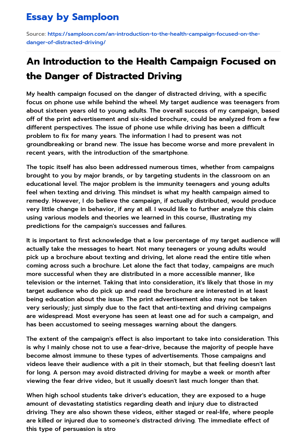 An Introduction to the Health Campaign Focused on the Danger of Distracted Driving essay