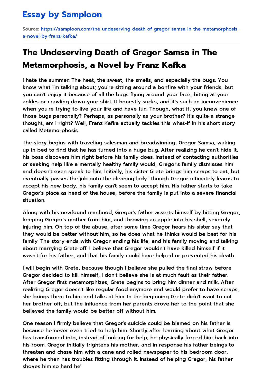 The Undeserving Death of Gregor Samsa in The Metamorphosis, a Novel by Franz Kafka essay