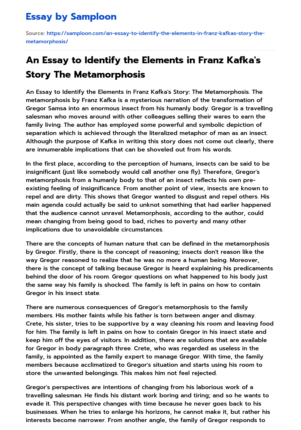An Essay to Identify the Elements in Franz Kafka’s Story The Metamorphosis essay