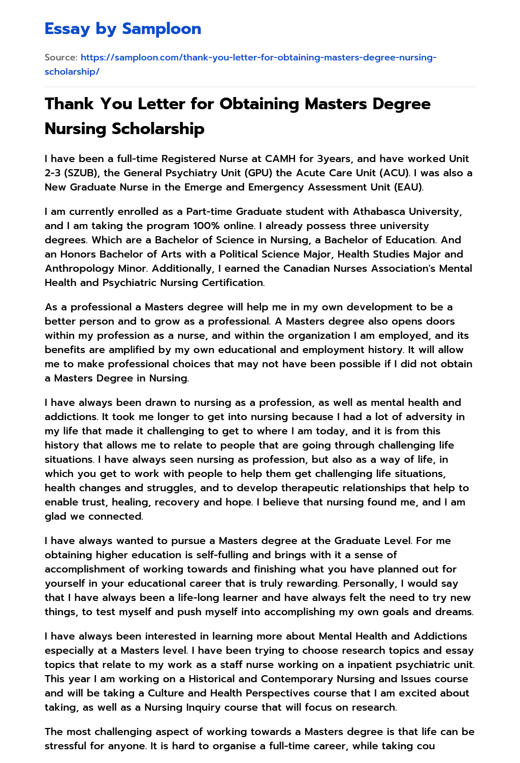 Thank You Letter for Obtaining Masters Degree Nursing Scholarship essay