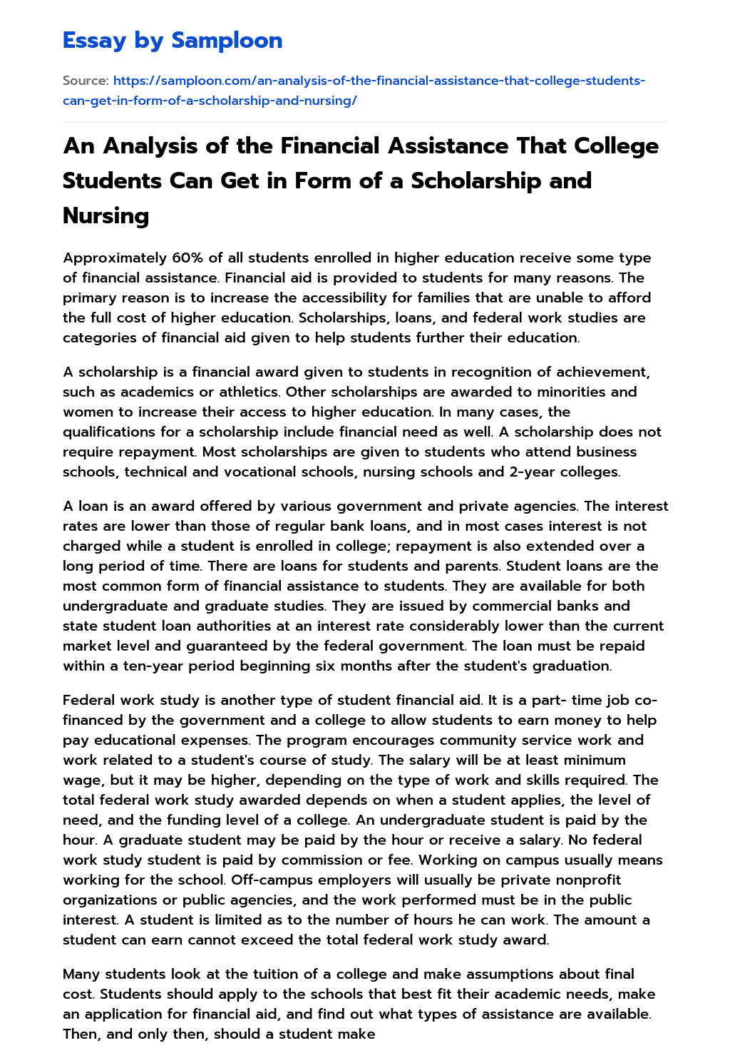 An Analysis of the Financial Assistance That College Students Can Get in Form of a Scholarship and Nursing essay
