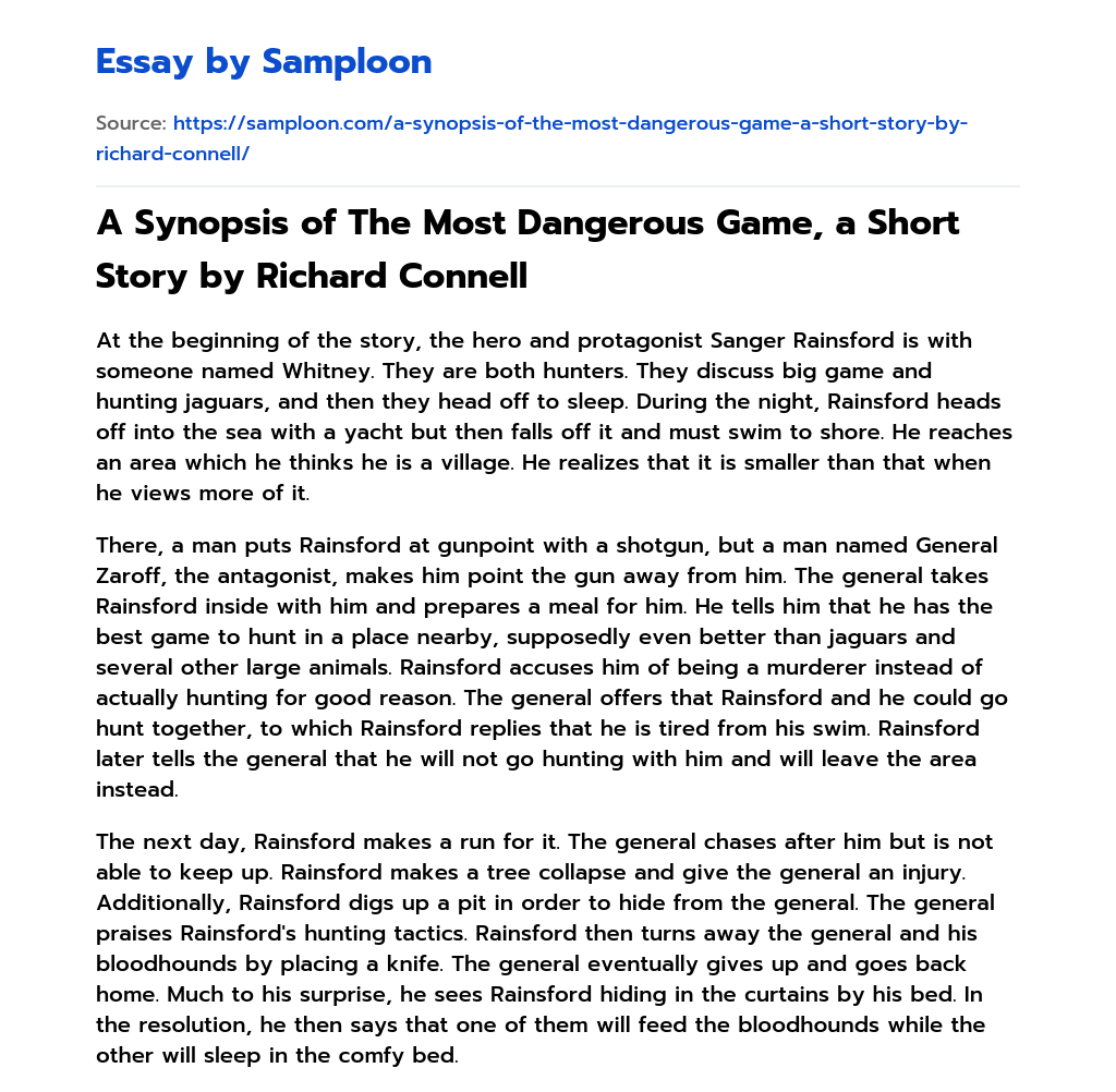 A Synopsis of The Most Dangerous Game, a Short Story by Richard Connell essay