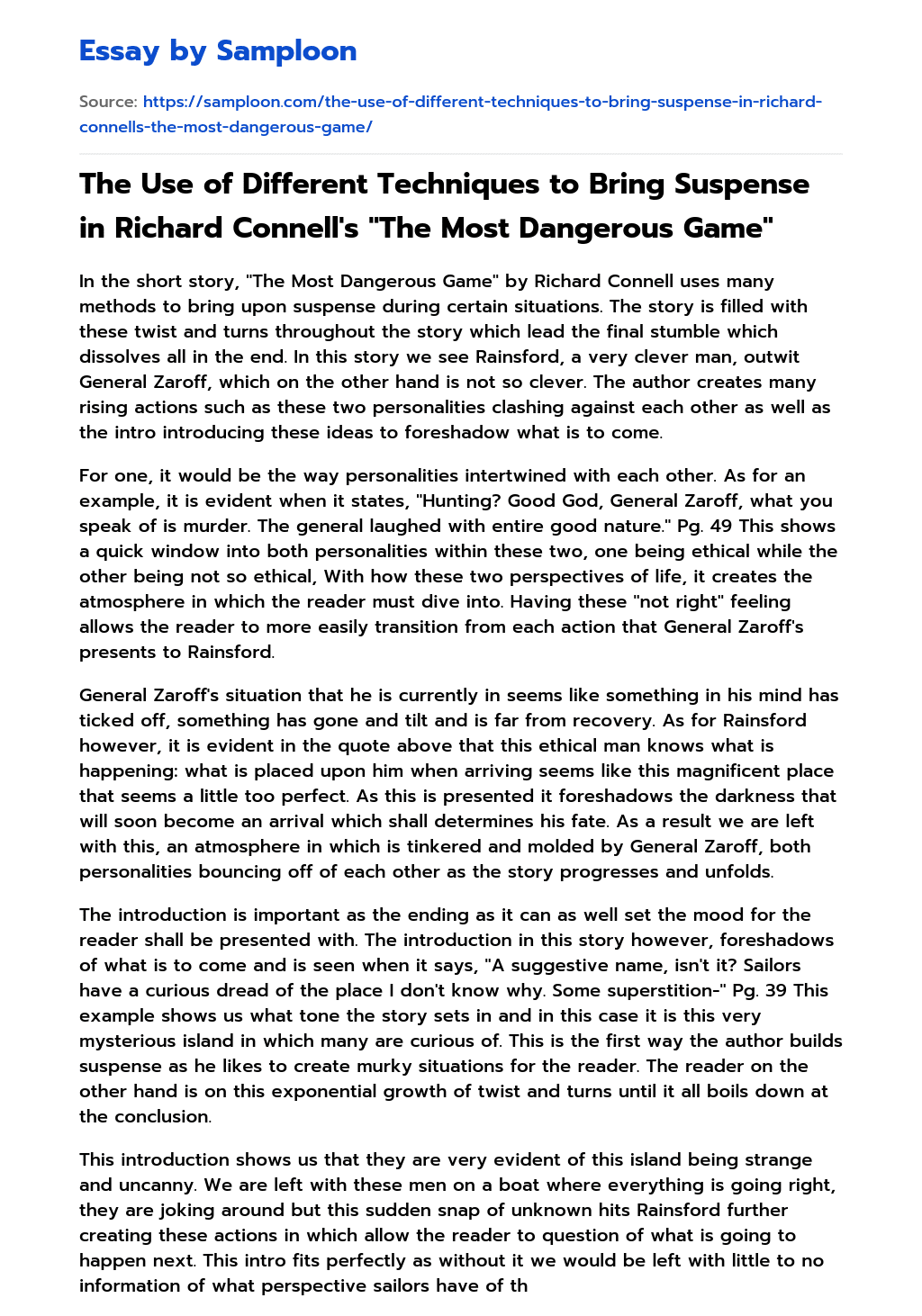 The Use of Different Techniques to Bring Suspense in Richard Connell’s “The Most Dangerous Game” essay