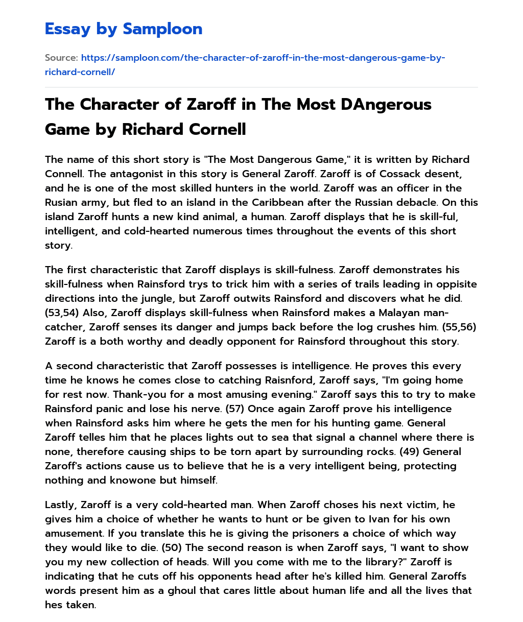 The Character of Zaroff in The Most DAngerous Game by Richard Cornell essay