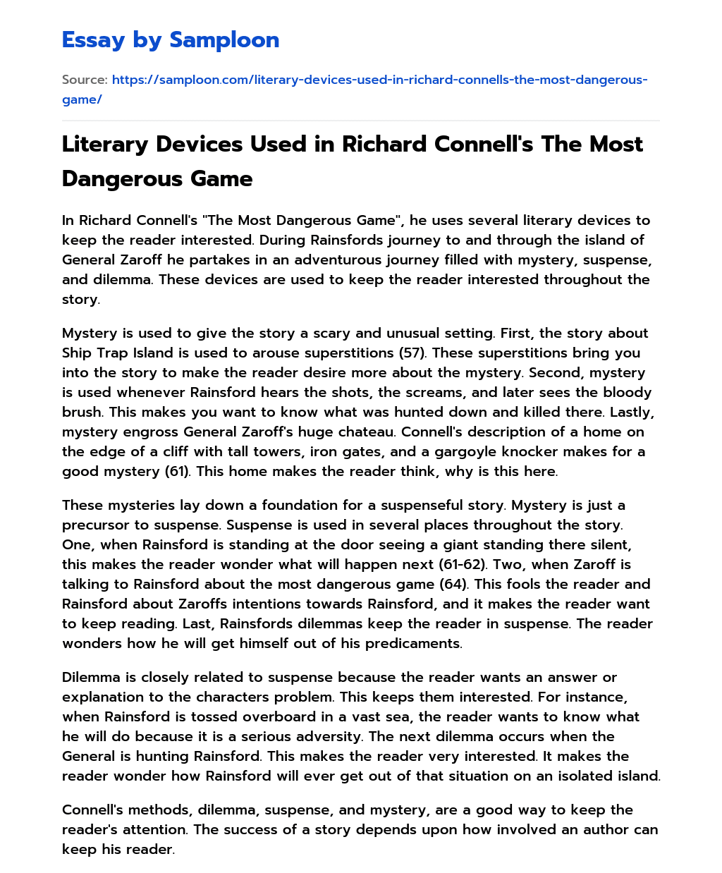Literary Devices Used in Richard Connell’s The Most Dangerous Game essay