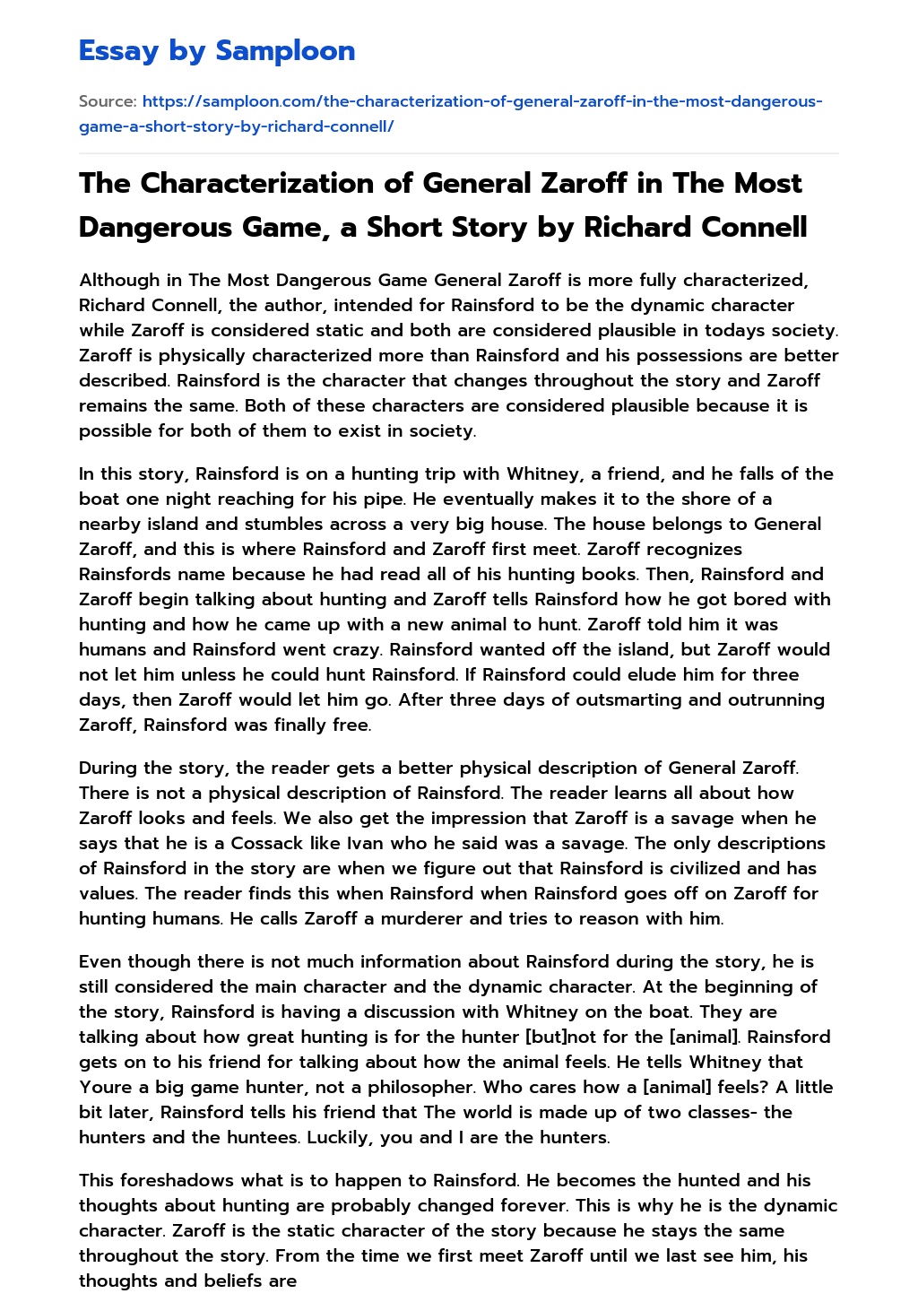 The Characterization of General Zaroff in The Most Dangerous Game, a Short Story by Richard Connell essay