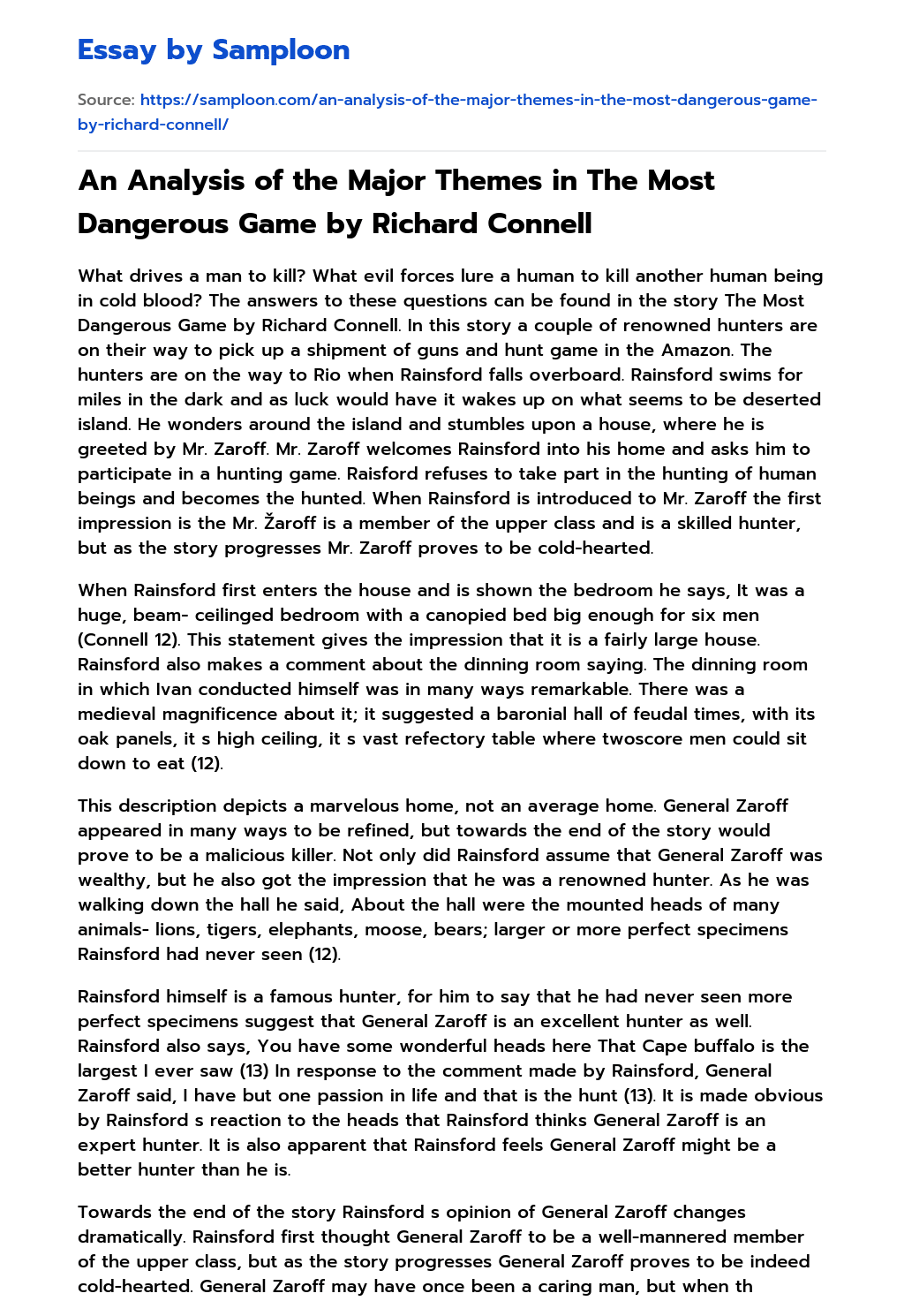 An Analysis of the Major Themes in The Most Dangerous Game by Richard Connell essay
