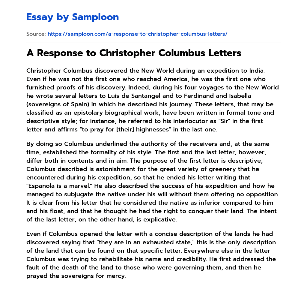 A Response to Christopher Columbus Letters essay