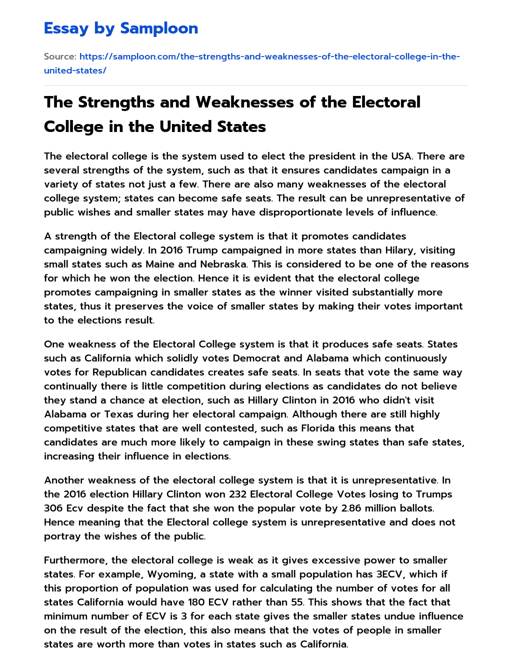 The Strengths and Weaknesses of the Electoral College in the United States essay