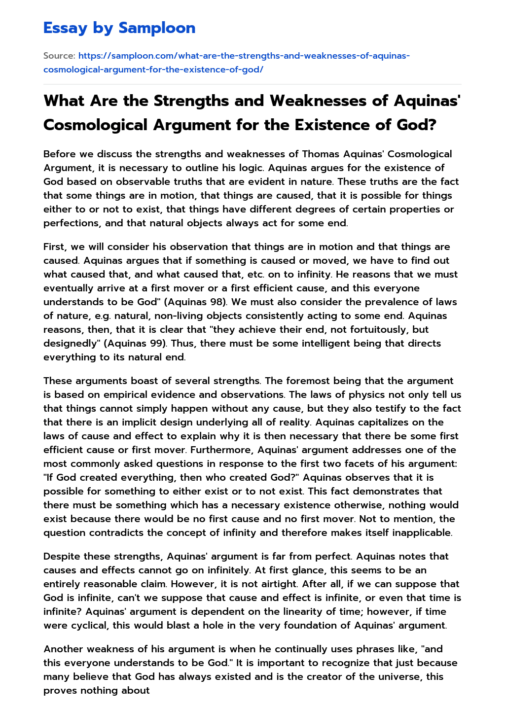 What Are the Strengths and Weaknesses of Aquinas’ Cosmological Argument for the Existence of God? essay