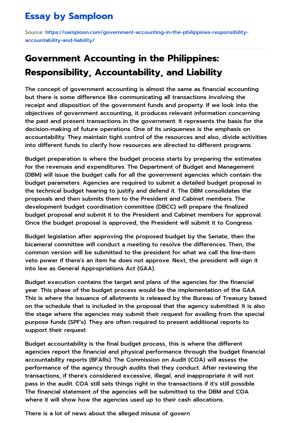 Government Accounting in the Philippines: Responsibility, Accountability, and Liability essay